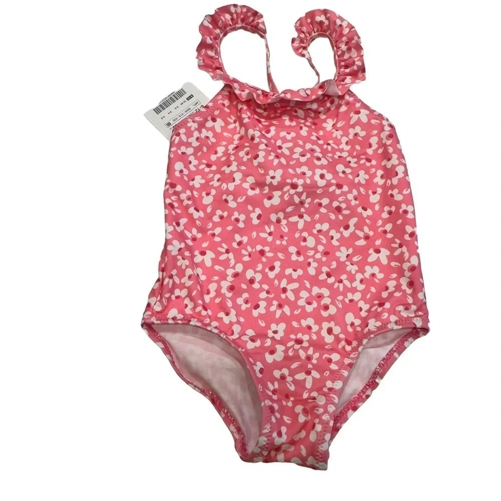 Zara Baby Girl One Piece Swim Suit UPF +50 Pink Floral Sz 12-24 Months NWT